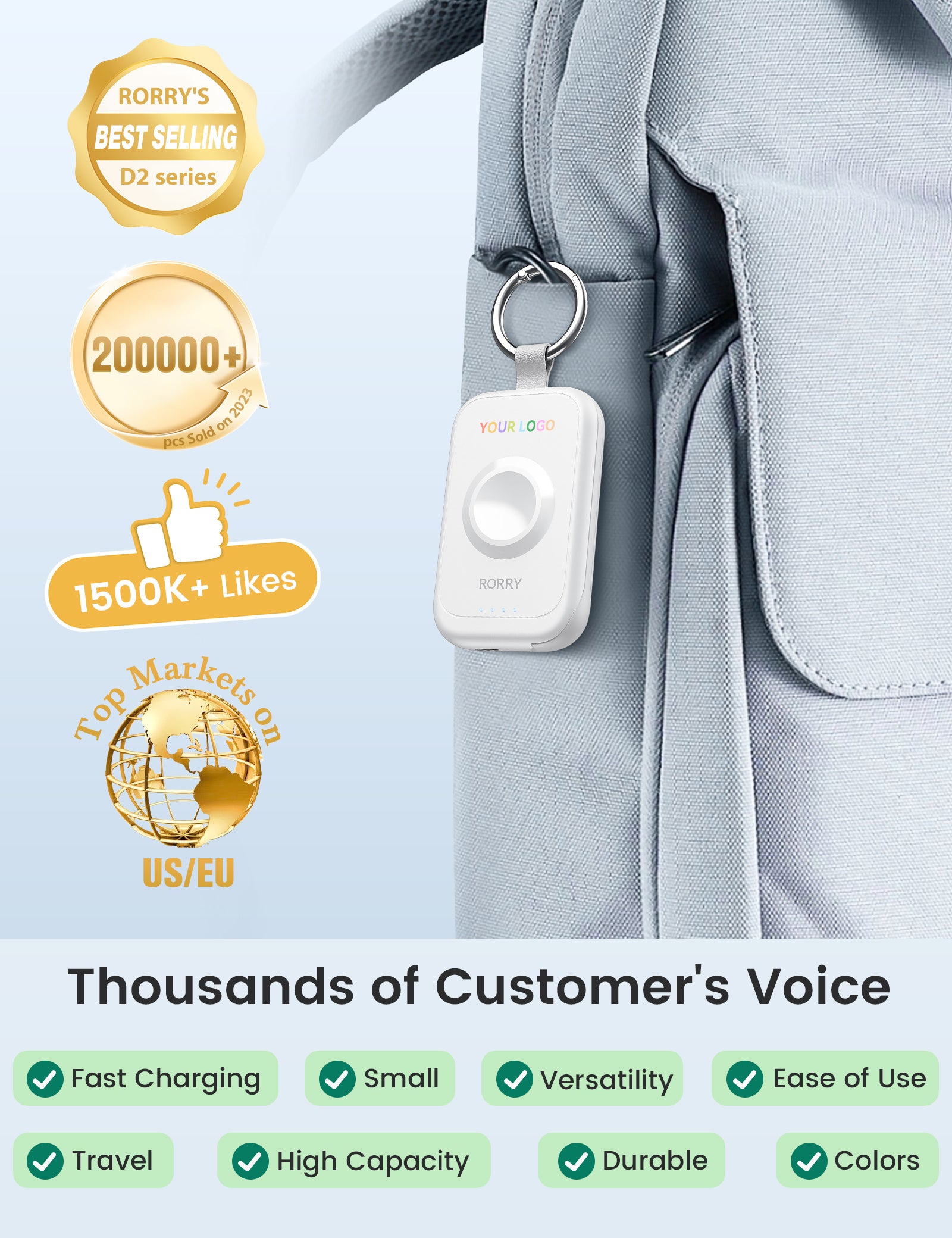 Custom Logo RORRY D2-2500mAh Portable Charger Keychain Power Bank
