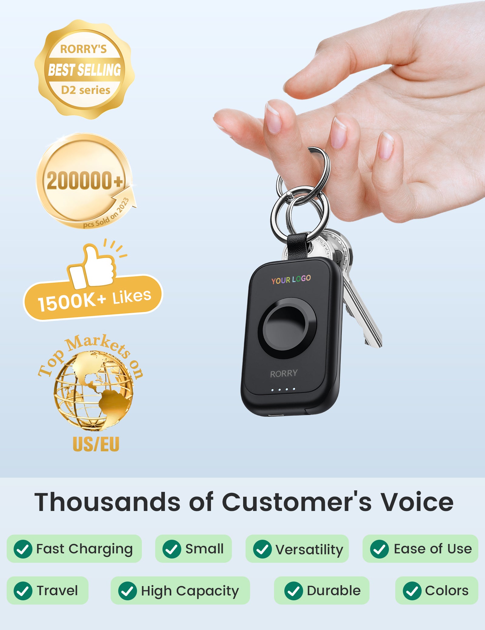 Custom Logo RORRY D2-2500mAh Portable Charger Keychain Power Bank