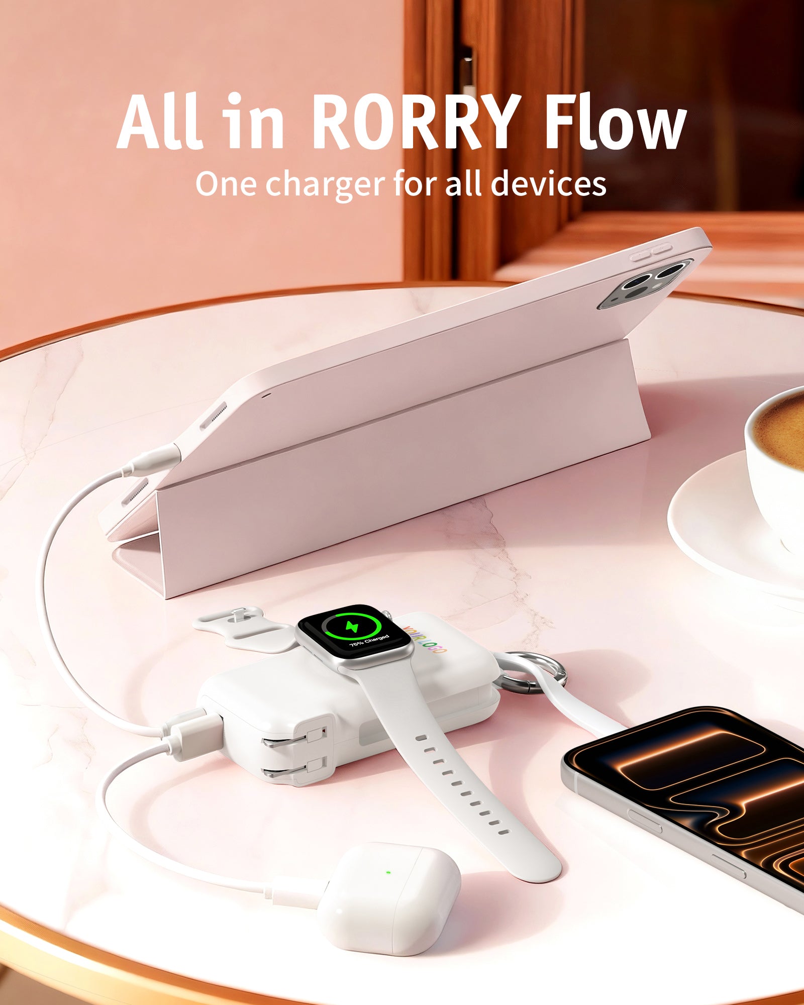 Tragbares Ladegerät RORRY Flow CB4 mit individuellem Logo, inklusive Kabel und Netzstecker, 40 W (10.000 mAh) – Großpackung