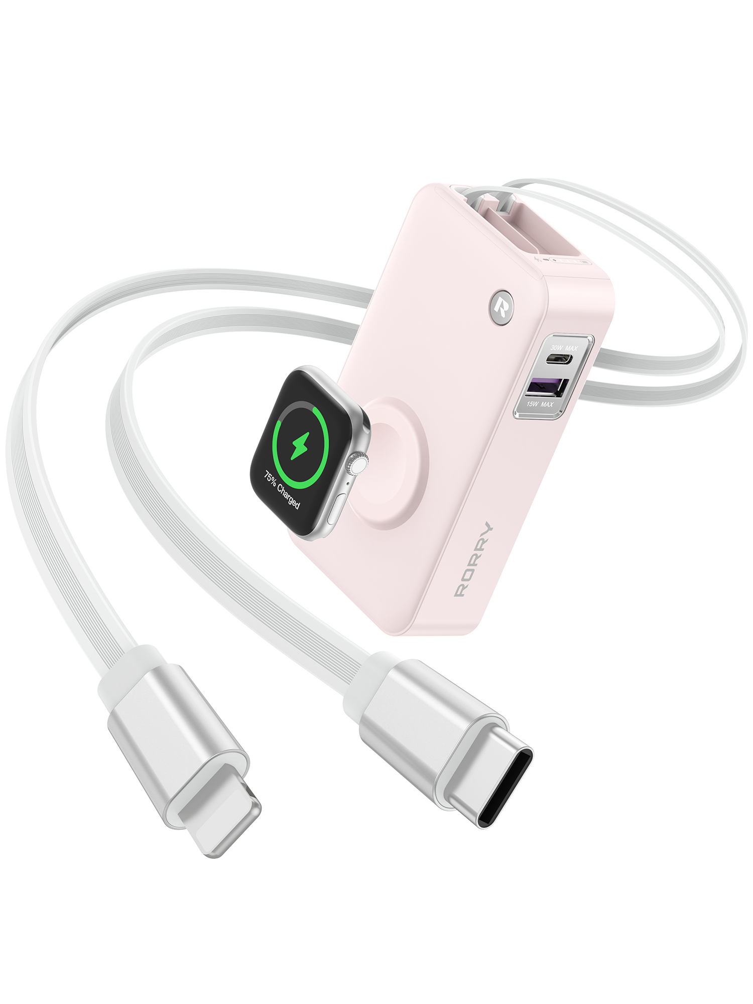 RORRY H1 10000mAh Portable Charger 30W Fast Charging Power Bank with Built-in Retractable Cables