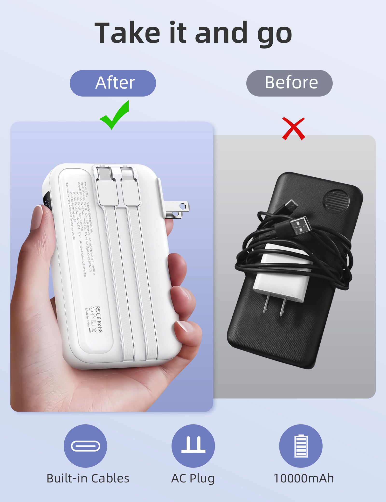 RORRY CB06 10000mAh 22.5W Portable Charger Buit-in AC Wall Plug Power Bank