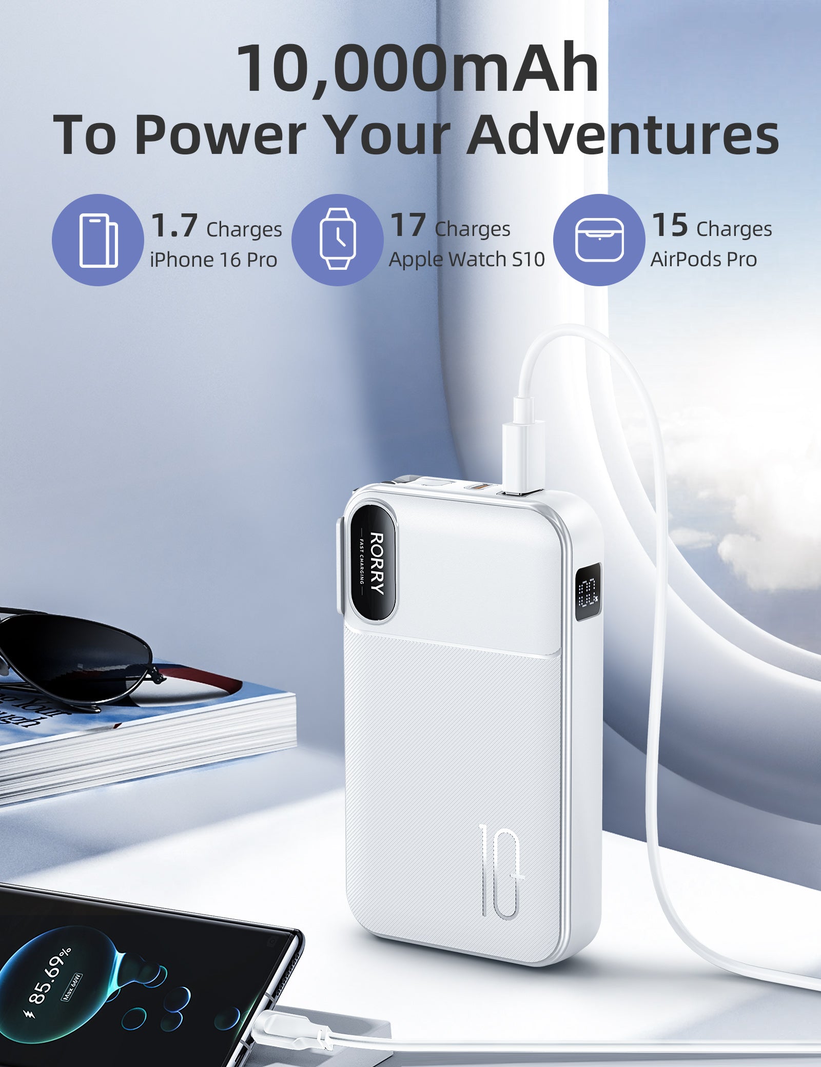 RORRY CB06 10000mAh 22.5W Portable Charger Buit-in AC Wall Plug Power Bank