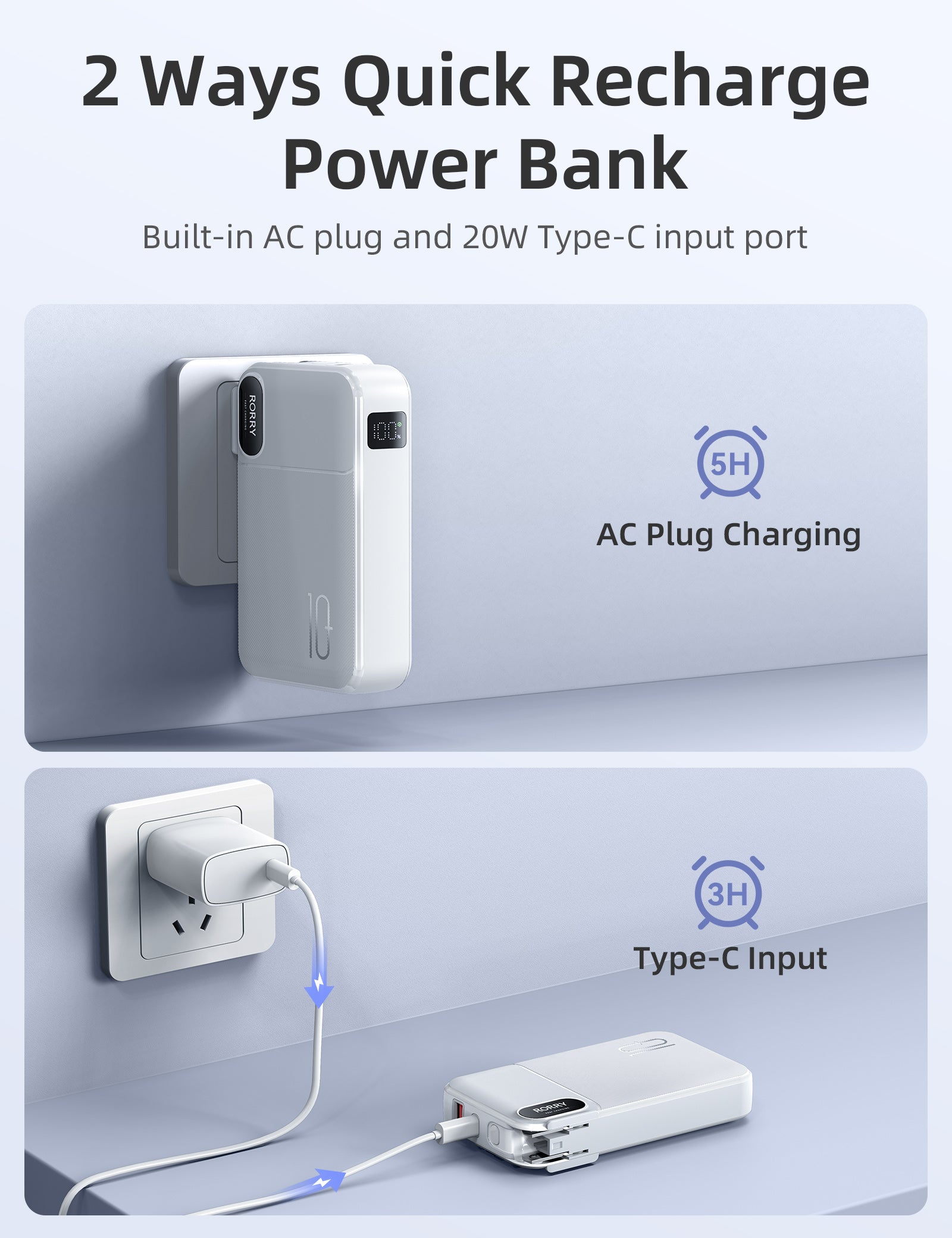 RORRY CB06 10000mAh 22.5W Portable Charger Buit-in AC Wall Plug Power Bank