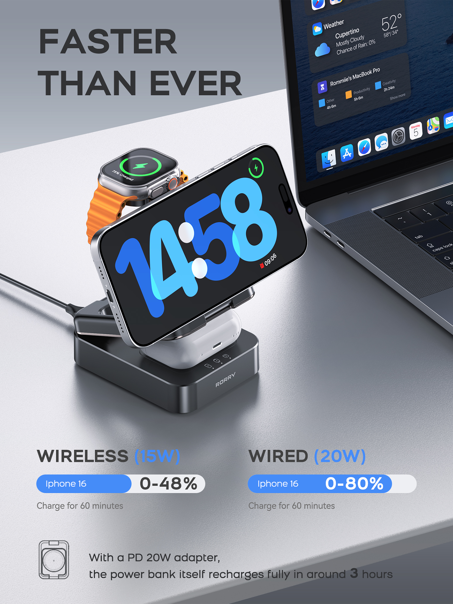 RORRY D17-5000mAh D18-10000mAh 3 in 1 Charger with Wireless Charging Station for Apple