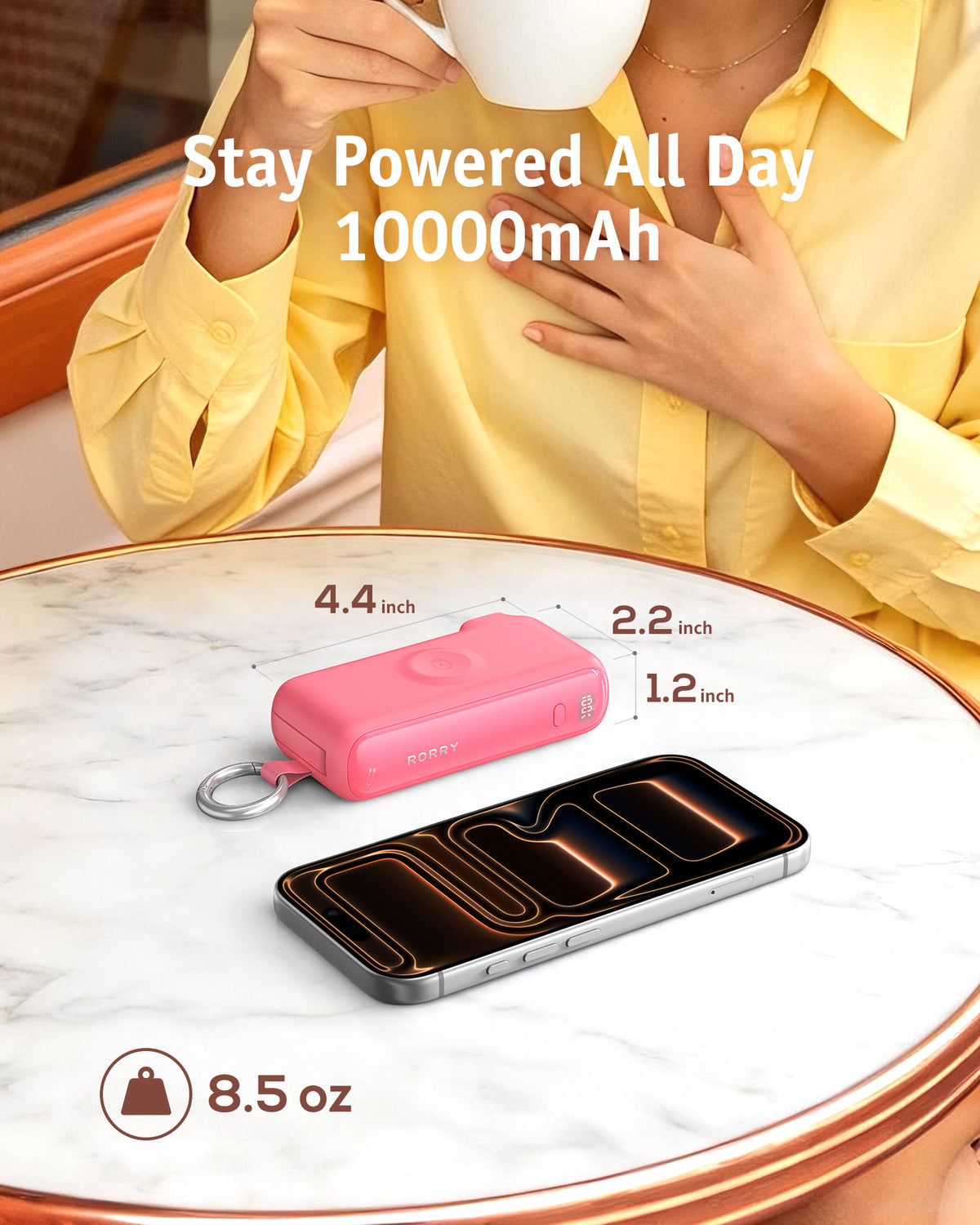 Cargador portátil RORRY Flow® CB4-10000mAh con cable y adaptador de corriente de 40 W.