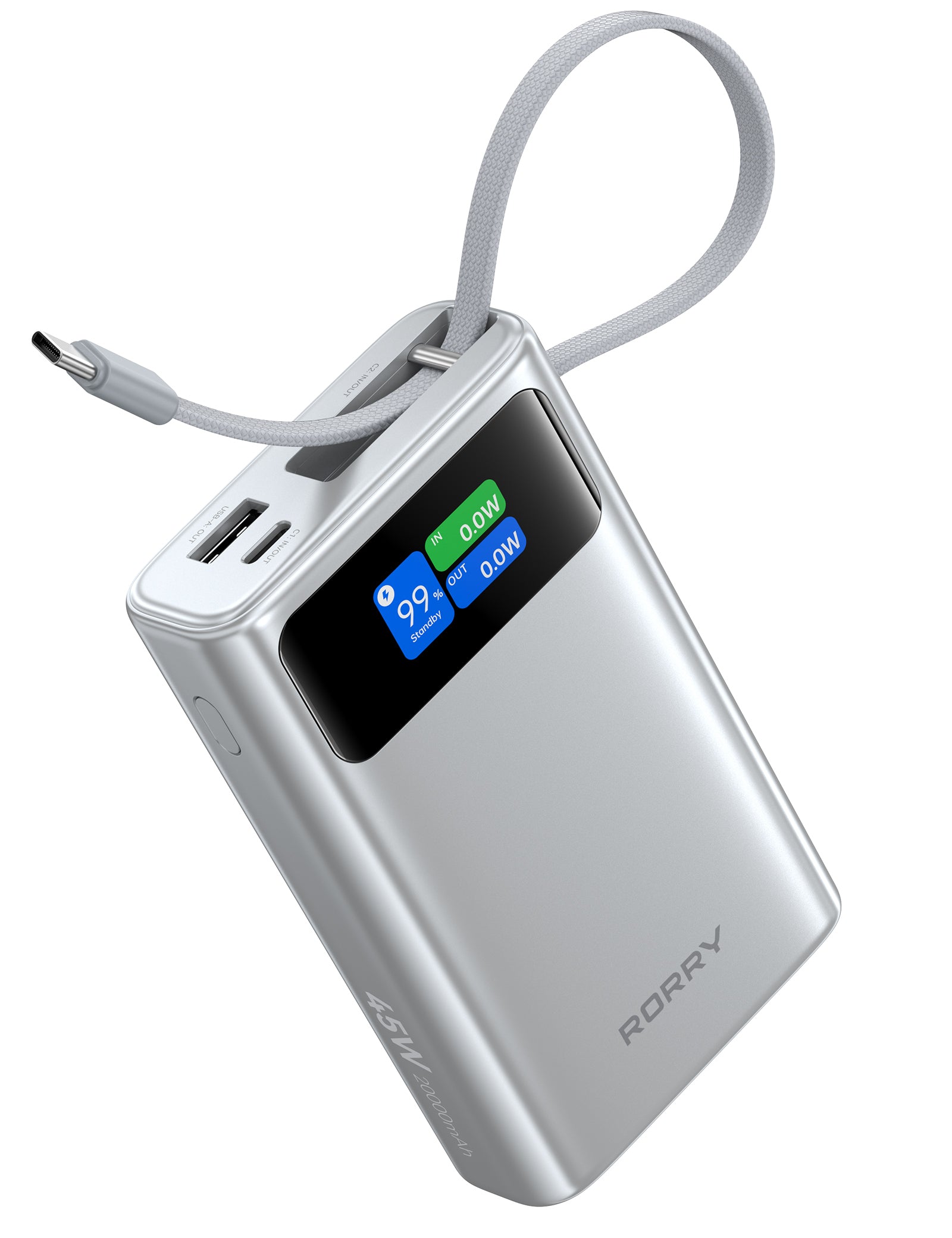 RORRY T2-20000mAh 45W Portable Charger Power Bank with Built-in USB-C Cable