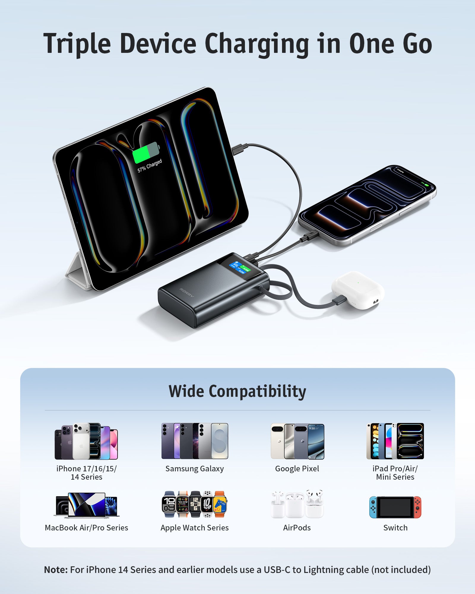 RORRY T2-20000mAh 45W Portable Charger Power Bank with Built-in USB-C Cable
