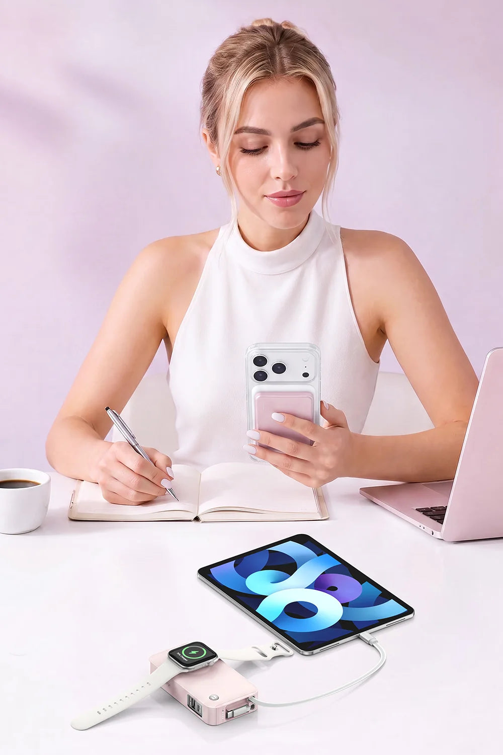 Student using a RORRY D14 slim magnetic power bank beside a laptop and CharmGo D3 in a library