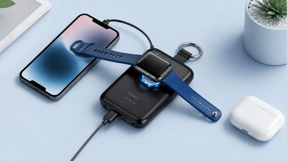 RORRY D2 10000mAh portable charger charging an iPhone and Apple Watch