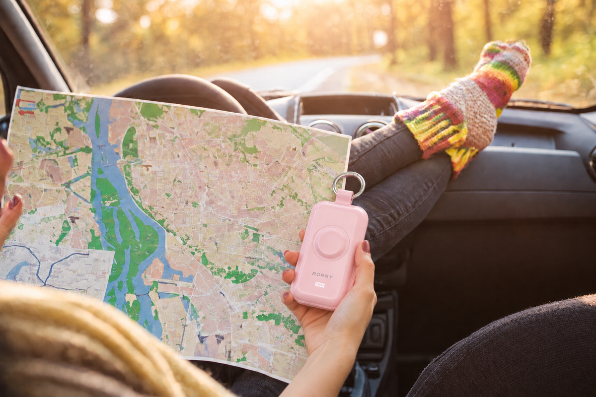 Woman on road trip holding paper map and pink RORRY CharmGo portable charger inside car