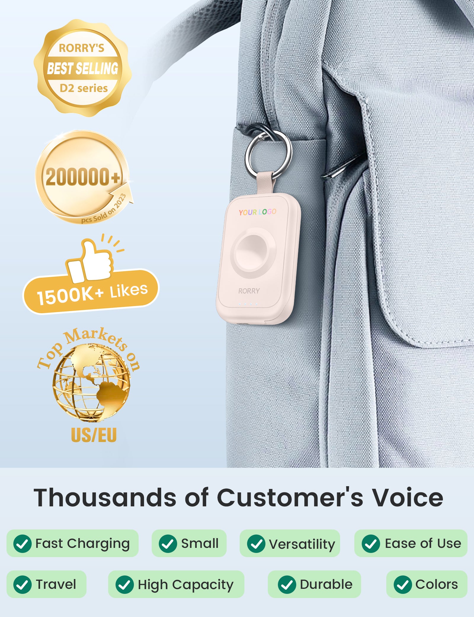 Custom Logo RORRY D2-2500mAh Portable Charger Keychain Power Bank