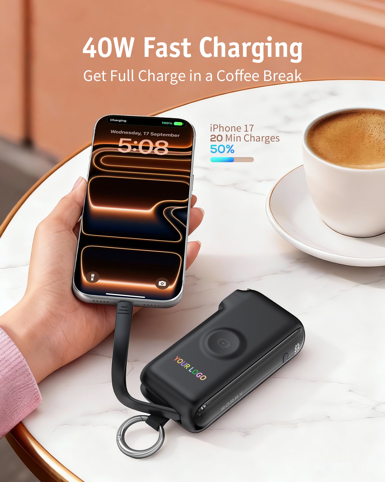 Custom Logo RORRY Flow CB4 Portable Charger Charging with Cable & Wall Plug 40W (10,000mAh) - Bulk
