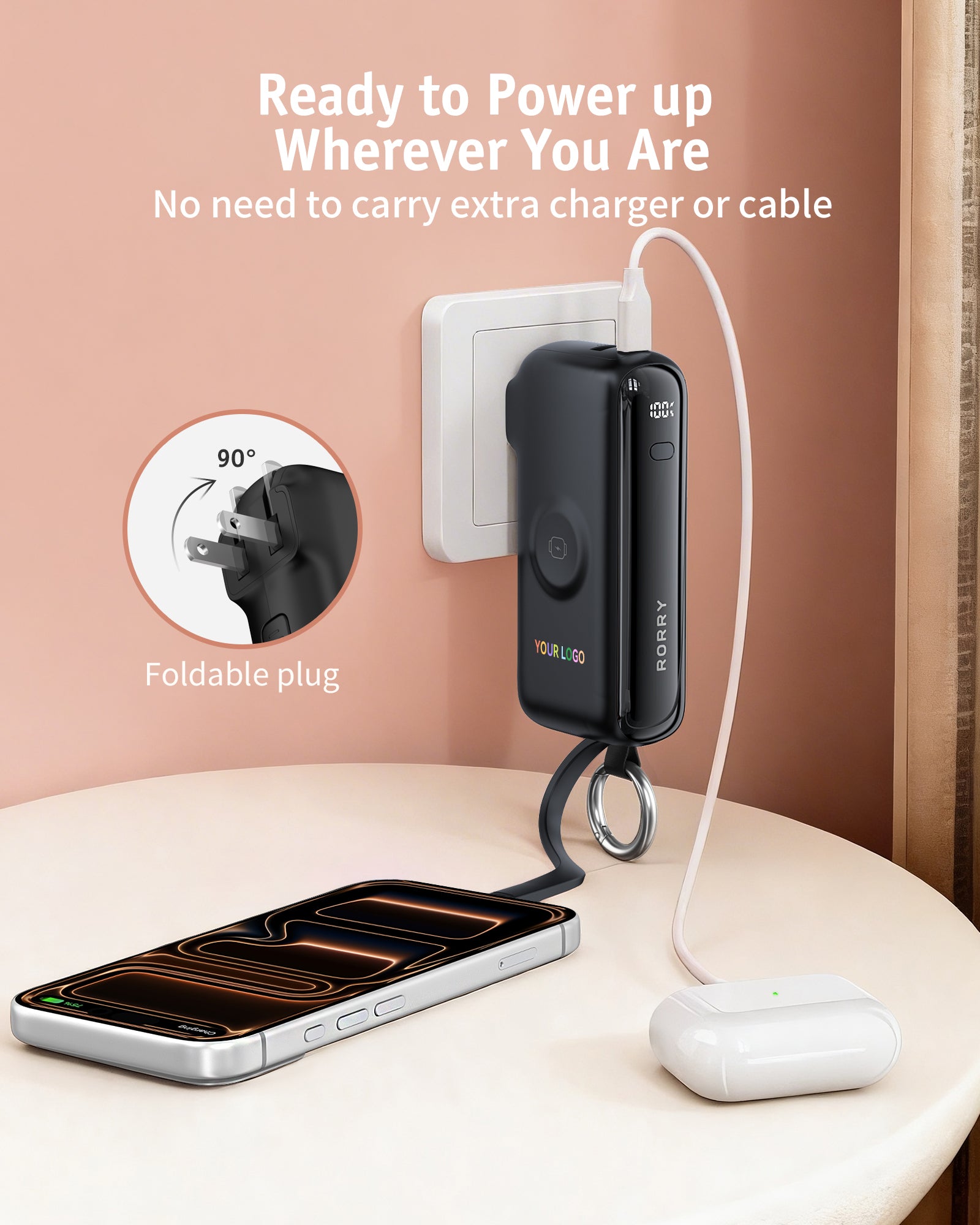 Custom Logo RORRY Flow CB4 Portable Charger Charging with Cable & Wall Plug 40W (10,000mAh) - Bulk