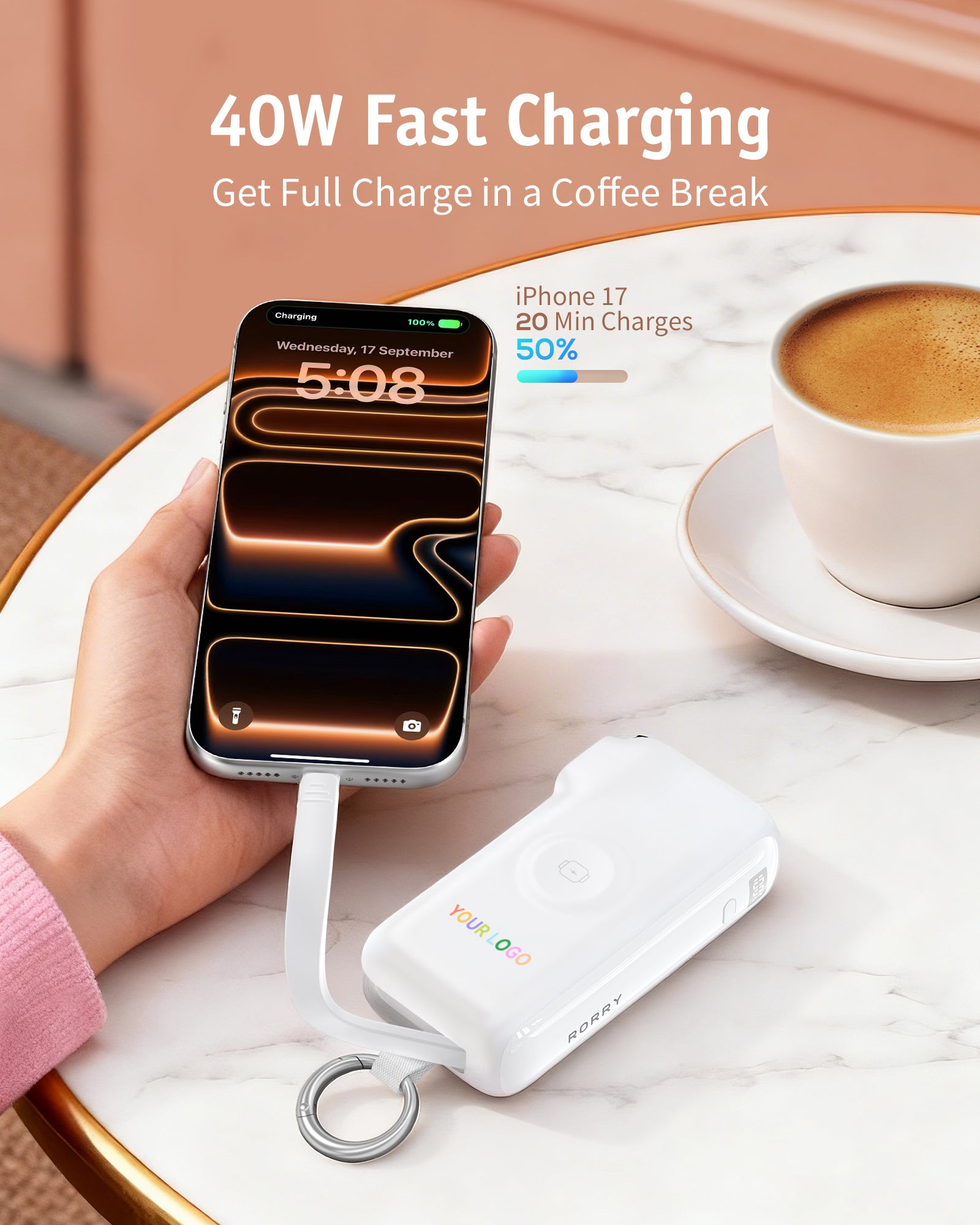 Tragbares Ladegerät RORRY Flow CB4 mit individuellem Logo, inklusive Kabel und Netzstecker, 40 W (10.000 mAh) – Großpackung