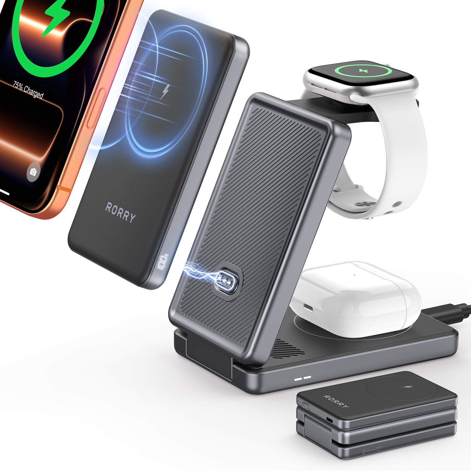 RORRY AuraDock M1-5000mAh 4-in-1 Charging Station with Magnetic Power Bank