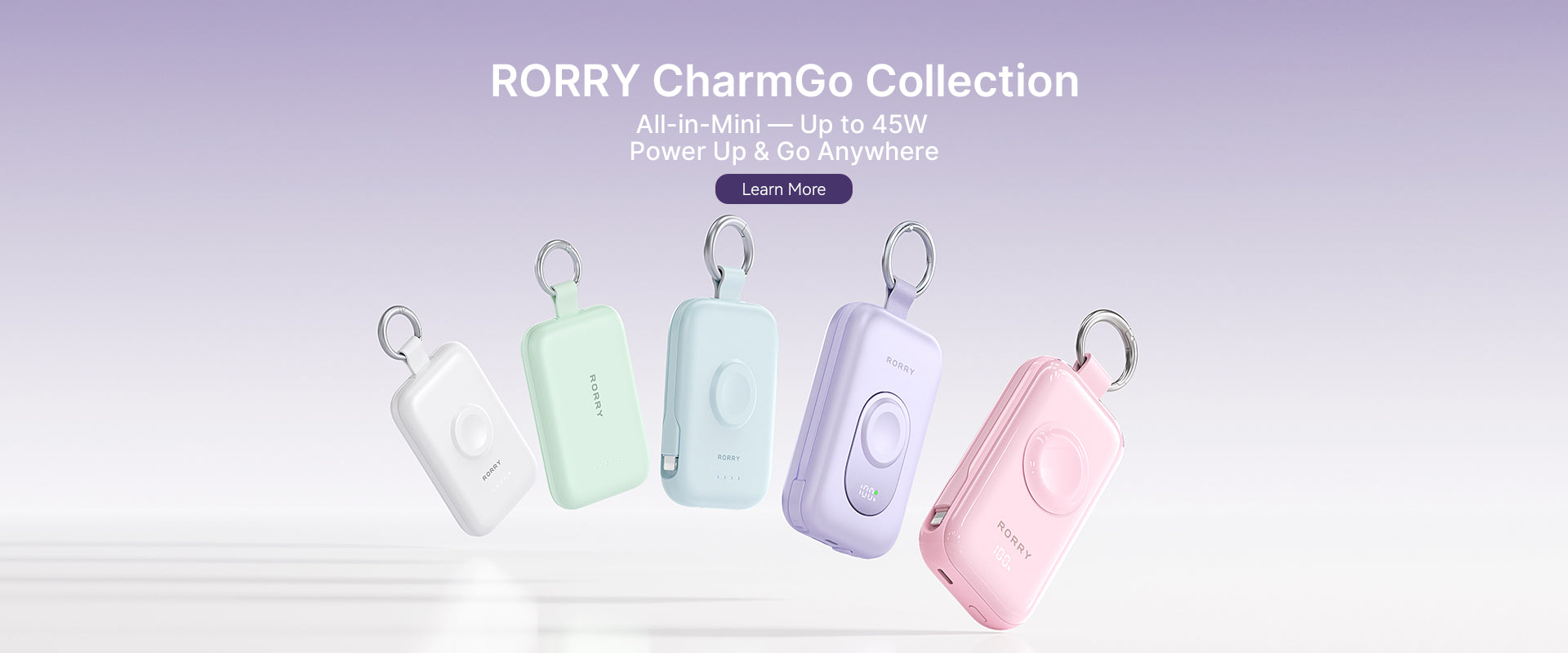 RORY CharmGo Collection apple type c charger with four colorful devices on a light purple background