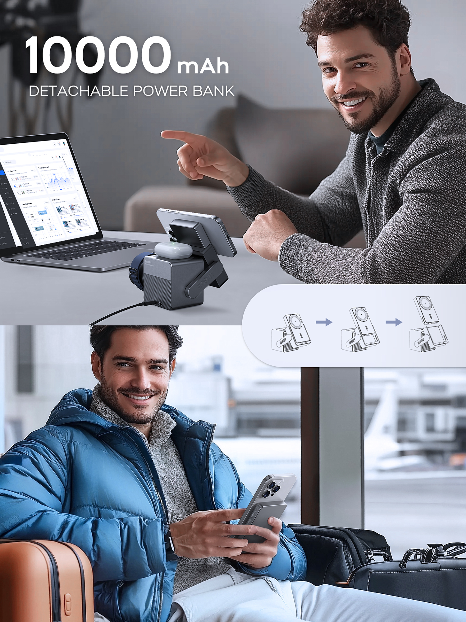 RORRY M5 10000mAh 3 in 1 Charger with Wireless Charging Station Power Bank