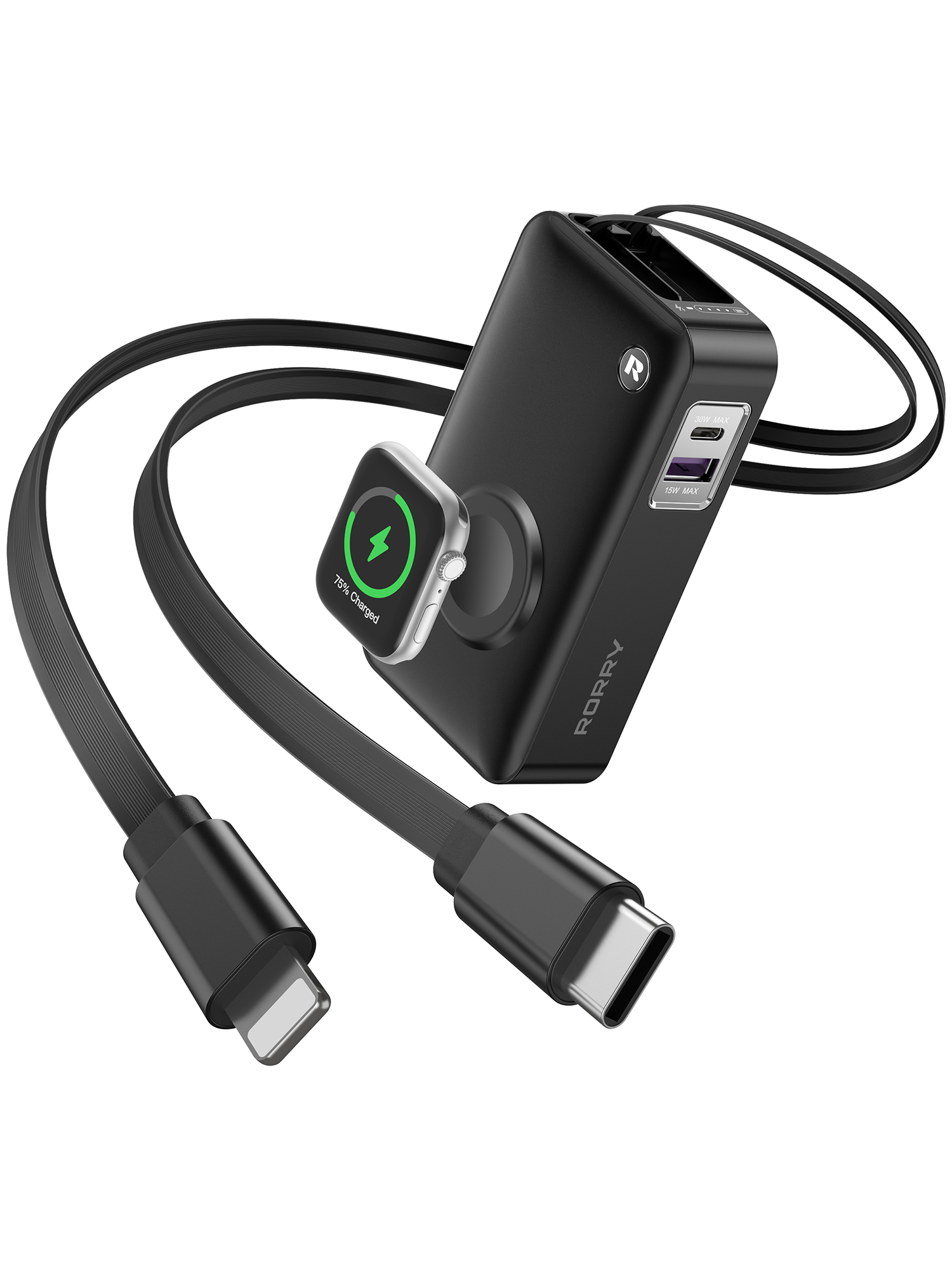 RORRY H1 10000mAh Portable Charger 30W Fast Charging Power Bank with Built-in Retractable Cables