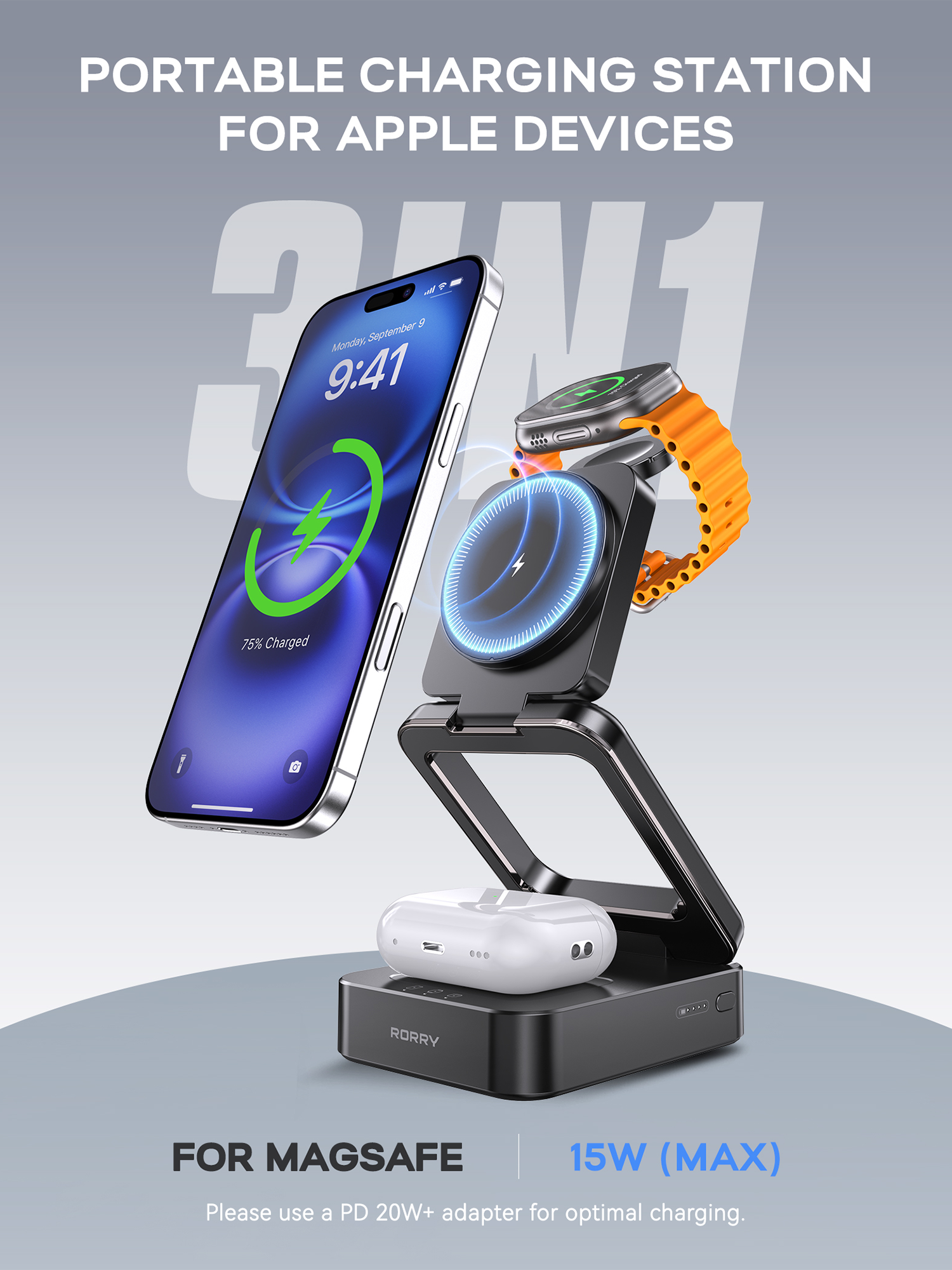 RORRY D17-5000mAh D18-10000mAh 3 in 1 Charger with Wireless Charging Station for Apple