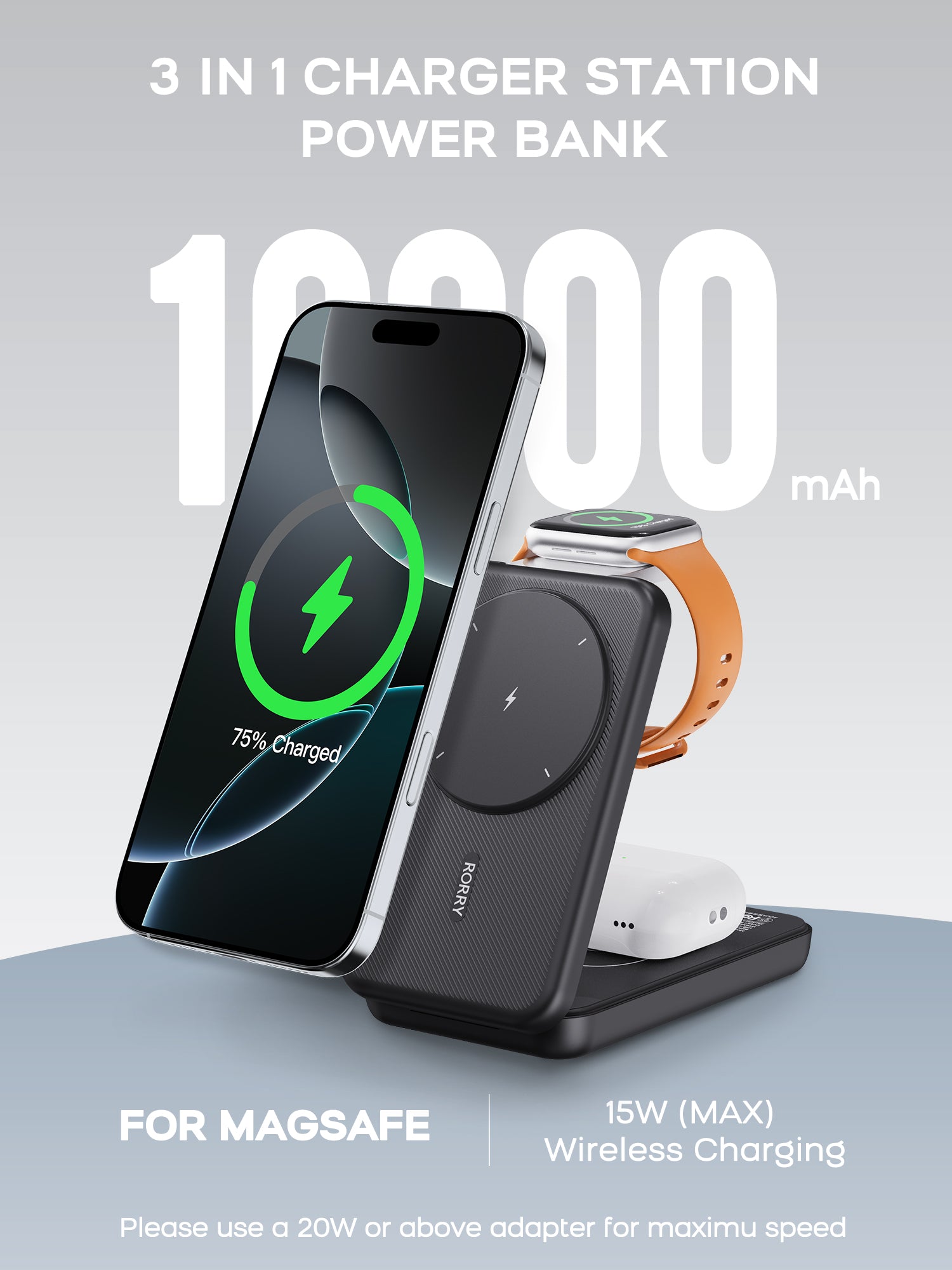 RORRY M3-10000mAh Foldable Charger Megsafe Power Bank Wireless Charger