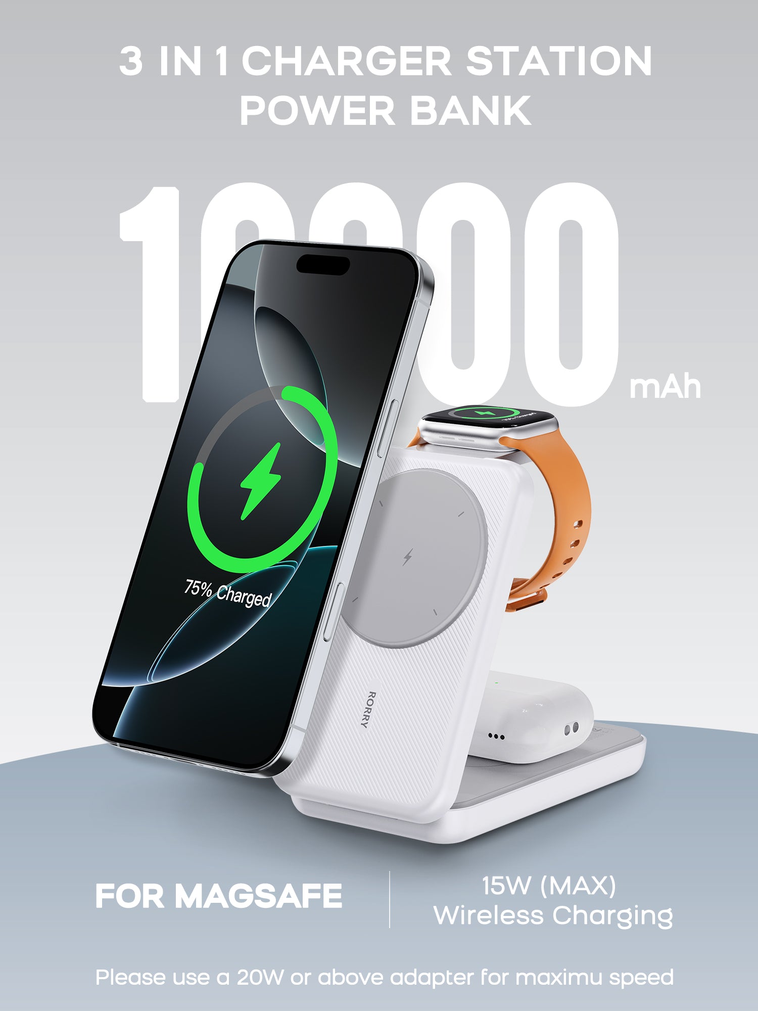 RORRY M3-10000mAh Foldable Charger Megsafe Power Bank Wireless Charger