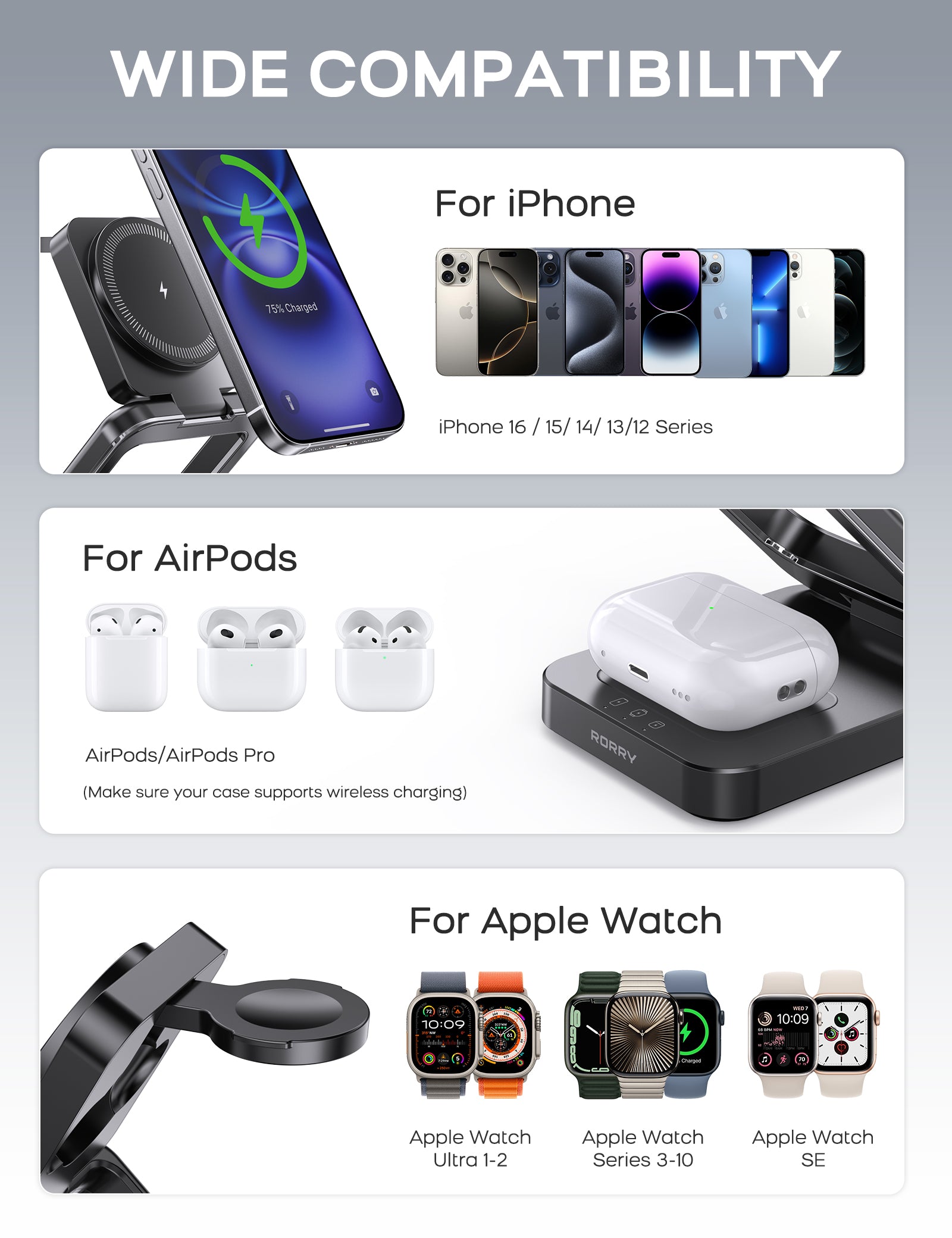 RORRY D17-5000mAh D18-10000mAh 3 in 1 Wireless Charging Station