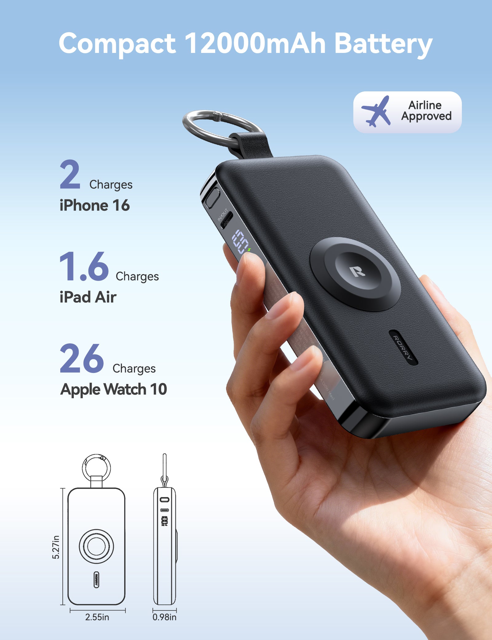 RORRY CharmGo D3-12000mAh Portable Charger Keychain Power Bank 30W