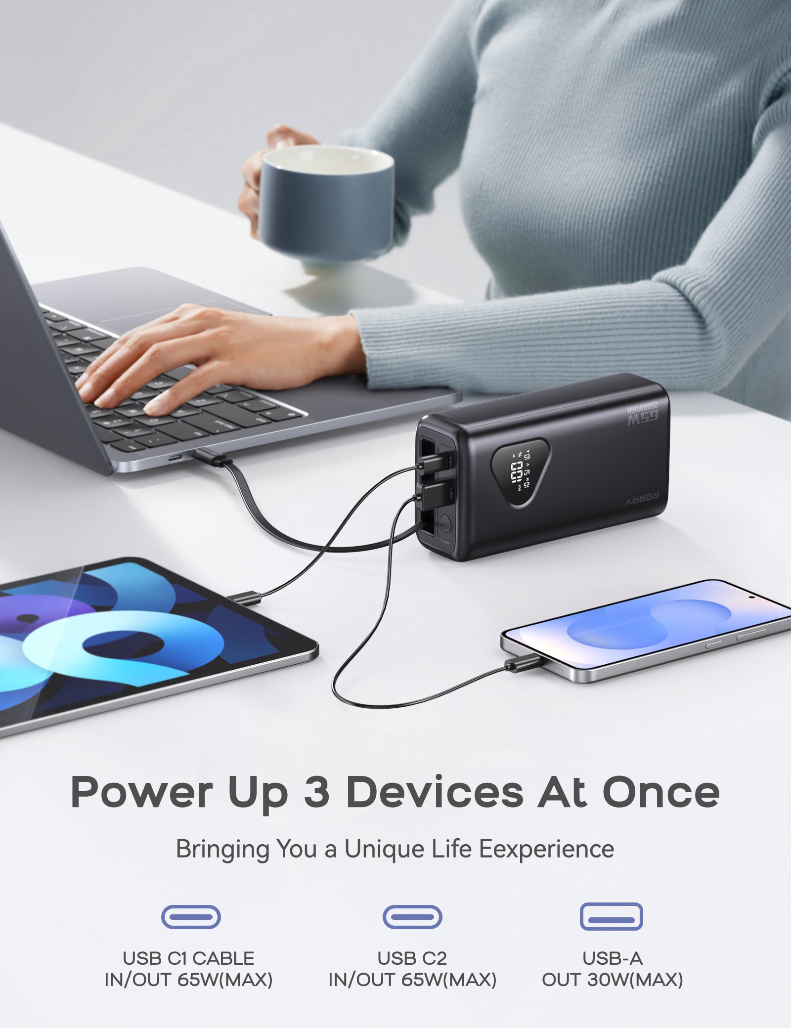 RORRY H3 25000mAh Laptop Power Bank 65W