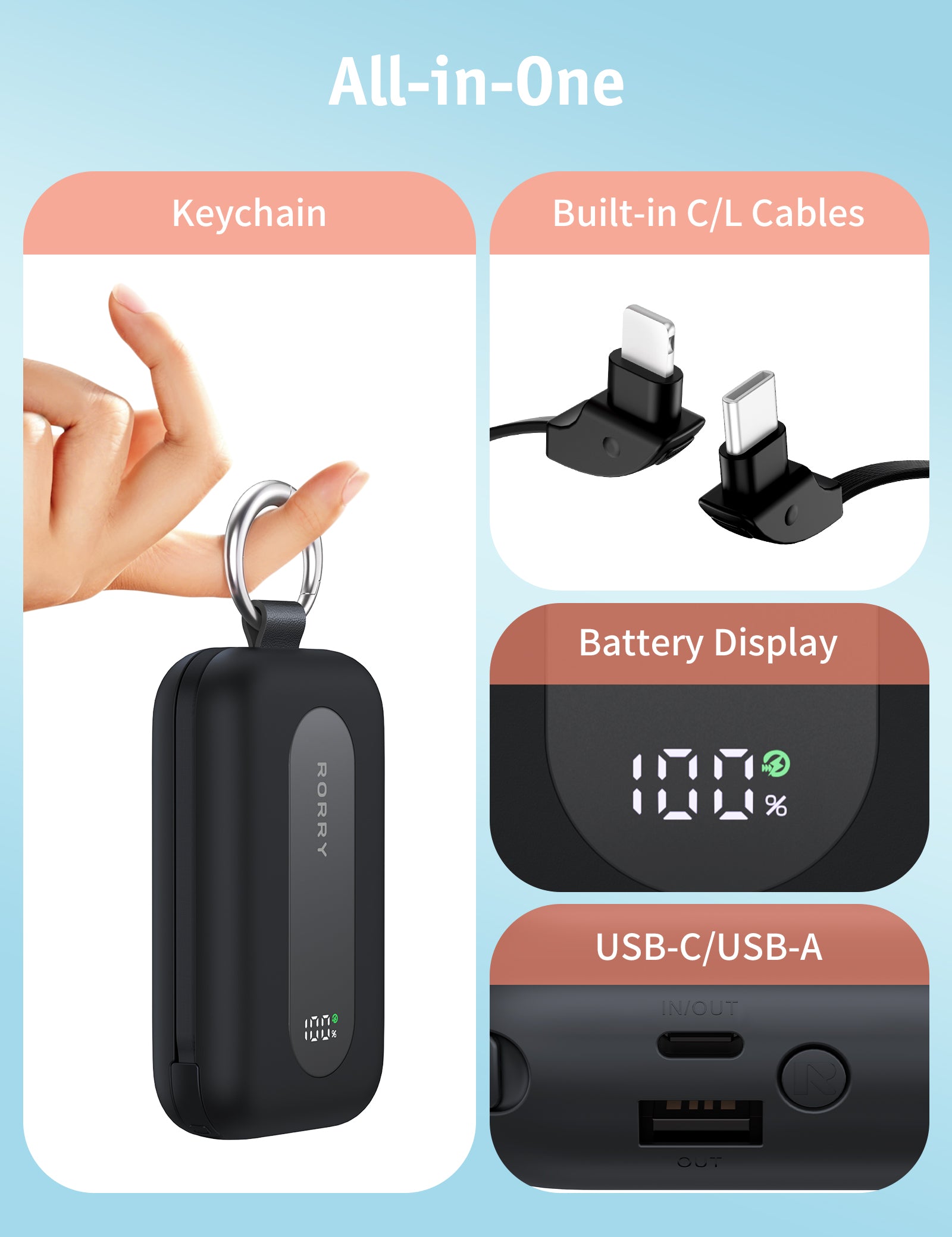 RORRY CharmGo T1-20000mAh Portable Charger Keychain Power Bank 30W