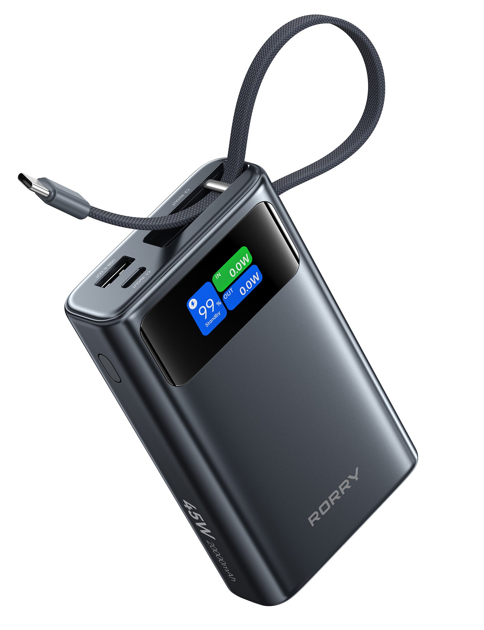 RORRY T2-20000mAh 45W Portable Charger Power Bank with Built-in USB-C Cable