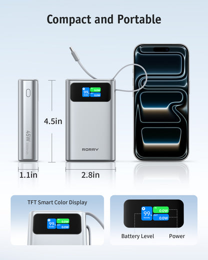RORRY T2-20000mAh 45W Portable Charger Power Bank with Built-in USB-C Cable