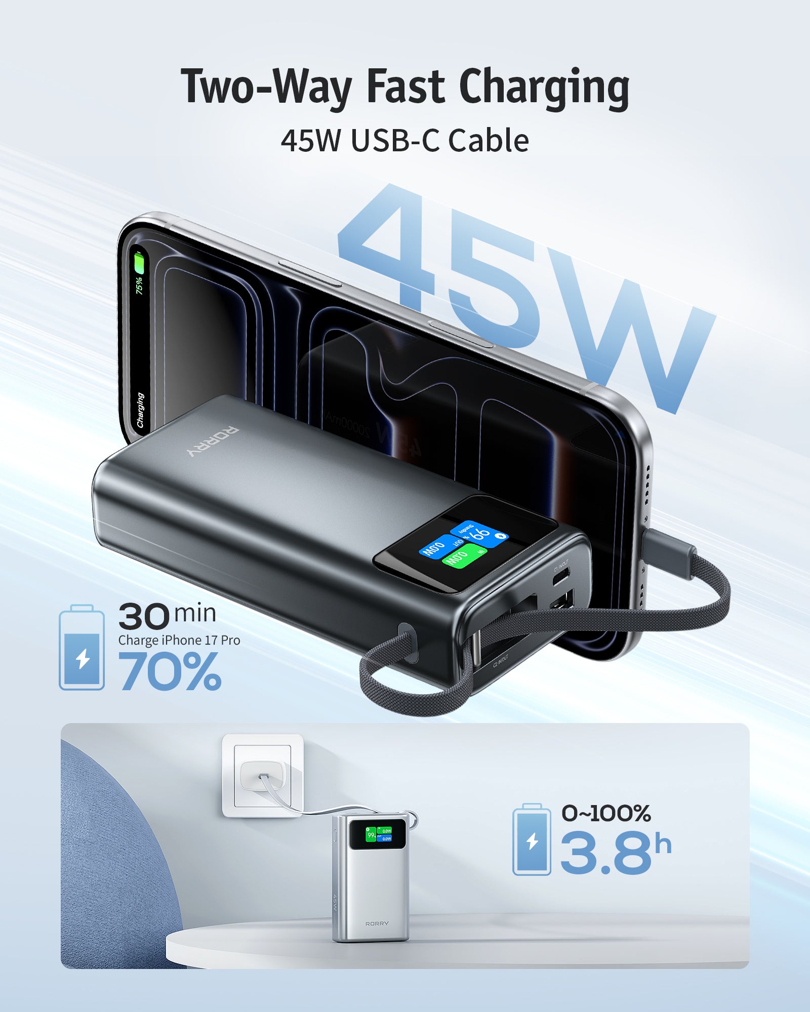 RORRY T2-20000mAh 45W Portable Charger Power Bank with Built-in USB-C Cable