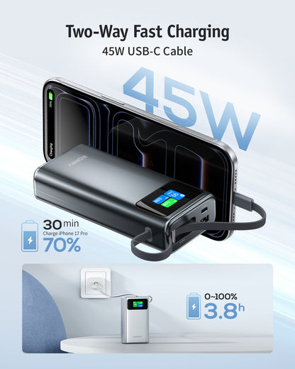 RORRY T2-20000mAh 45W Portable Charger Power Bank with Built-in USB-C Cable