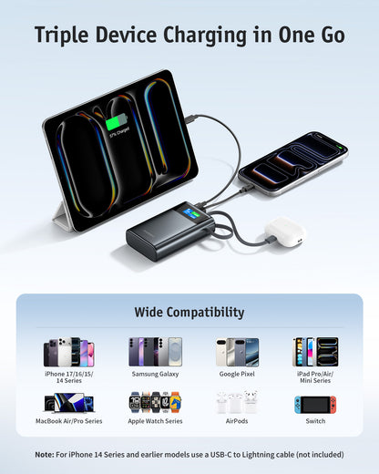 RORRY T2-20000mAh 45W Portable Charger Power Bank with Built-in USB-C Cable